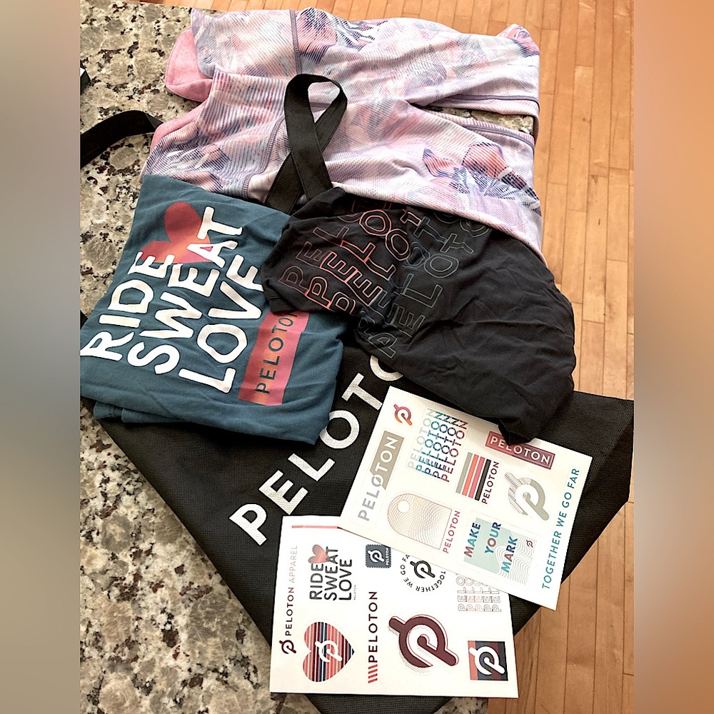 Peloton Like New: Floral Capri Leggings, (2) Muscle Tanks, (2) Stickers,Tote Bag
